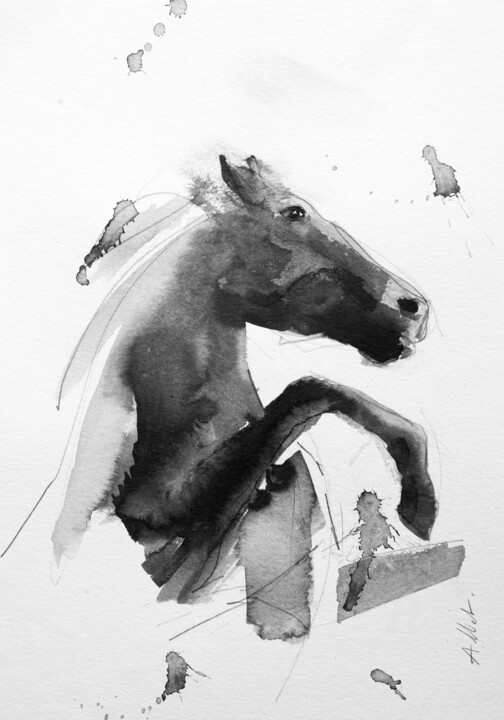 Desenho intitulada "Cheval rétif 008" por Philippe Alliet, Obras de arte originais, Tinta Montado em Cartão