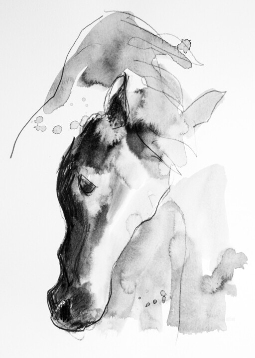 Drawing titled "Cheval rétif 0010" by Philippe Alliet, Original Artwork, Ink Mounted on Cardboard