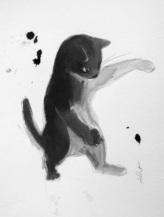 Dessin intitulée "Chat dynamique 0020" par Philippe Alliet, Œuvre d'art originale, Encre