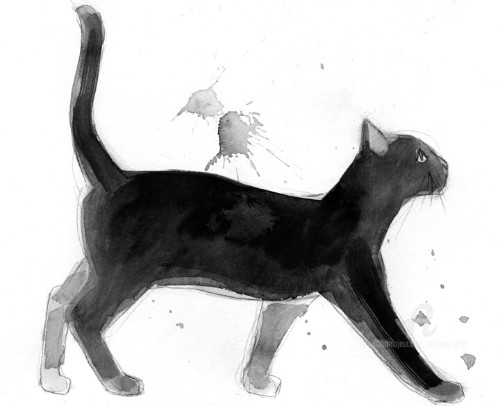 Drawing titled "Chat dynamique 0029" by Philippe Alliet, Original Artwork, Ink