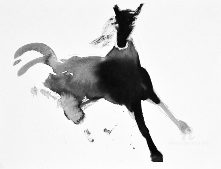 Drawing titled "Cheval rétif et ...…" by Philippe Alliet, Original Artwork, Ink Mounted on Cardboard