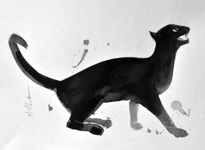 Drawing titled "Chat dynamique 0036" by Philippe Alliet, Original Artwork, Ink
