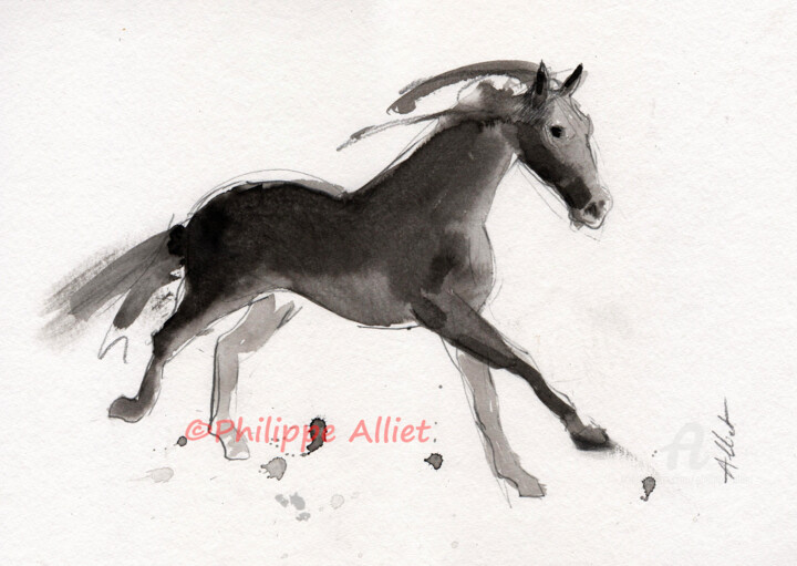 Drawing titled "Cheval rétif 023" by Philippe Alliet, Original Artwork, Ink Mounted on Cardboard