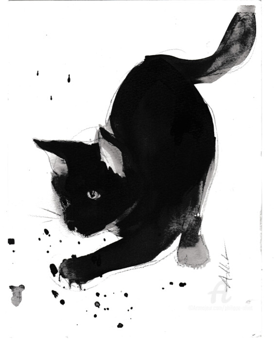 图画 标题为“Chat dynamique 0052” 由Philippe Alliet, 原创艺术品, 墨