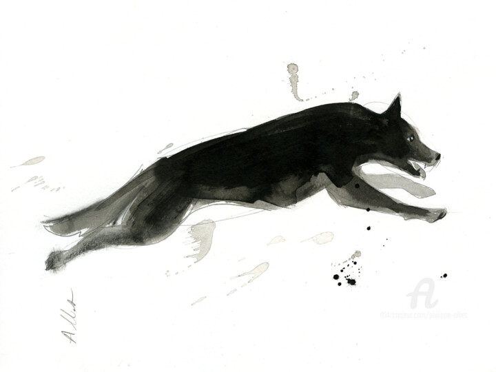Drawing titled "Chien dynamique 03" by Philippe Alliet, Original Artwork, Ink Mounted on Cardboard