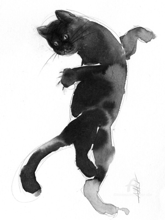 Drawing titled "Chat dynamique 070" by Philippe Alliet, Original Artwork, Ink
