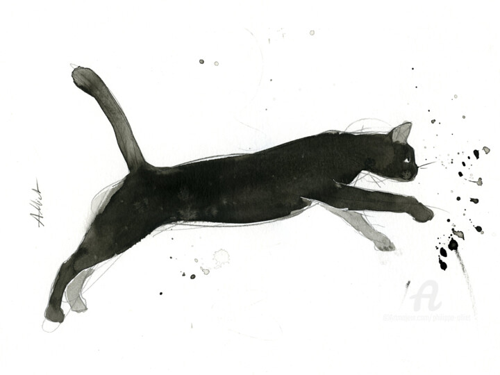 Dessin intitulée "Chat dynamique 071" par Philippe Alliet, Œuvre d'art originale, Encre