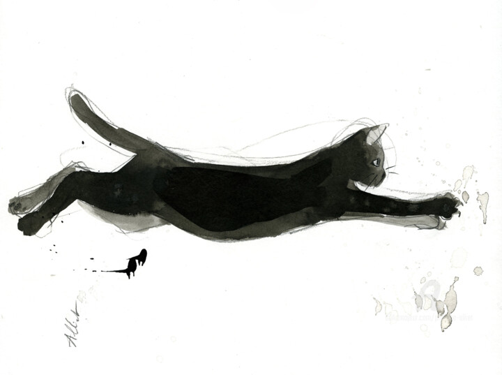 Disegno intitolato "Chat dynamique 072" da Philippe Alliet, Opera d'arte originale, Inchiostro