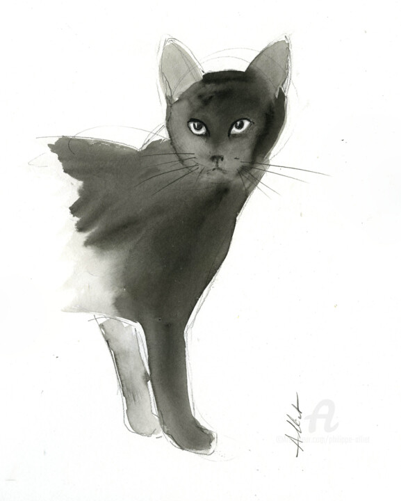Drawing titled "Chat dynamique 0078" by Philippe Alliet, Original Artwork, Ink Mounted on Cardboard