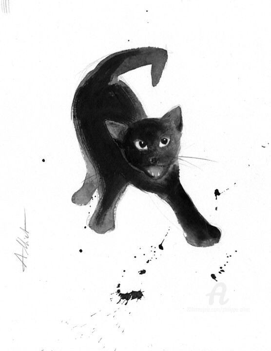 Drawing titled "Chat dynamique 085" by Philippe Alliet, Original Artwork, Ink Mounted on Cardboard