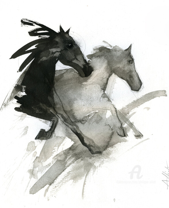 Drawing titled "Rebel horse 032" by Philippe Alliet, Original Artwork, Ink Mounted on Cardboard