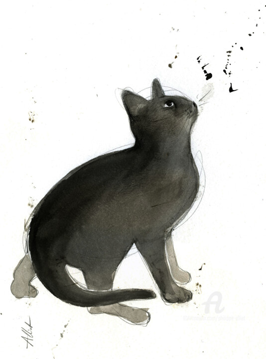 Drawing titled "Chat dynamique 089" by Philippe Alliet, Original Artwork, Ink Mounted on Cardboard