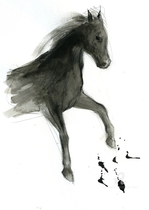 Drawing titled "Cheval rétif 0038" by Philippe Alliet, Original Artwork, Ink Mounted on Cardboard