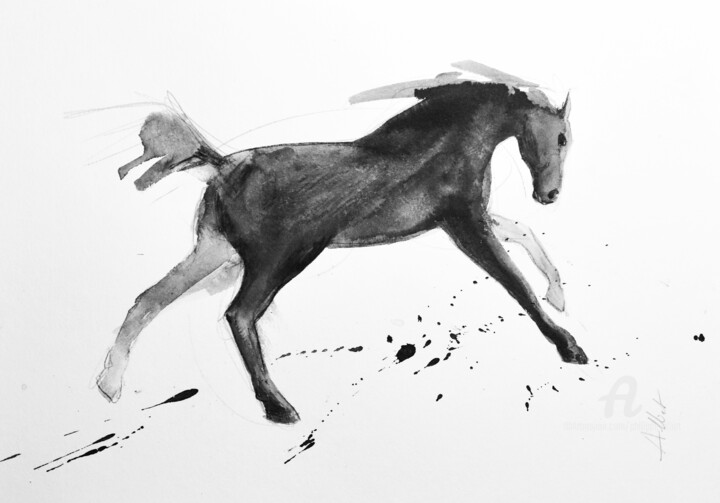 Drawing titled "Rebel horse 0040" by Philippe Alliet, Original Artwork, Ink Mounted on Cardboard