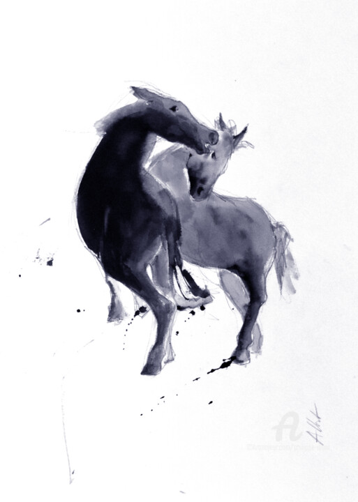 Drawing titled "Rebel horses 041" by Philippe Alliet, Original Artwork, Ink Mounted on Cardboard