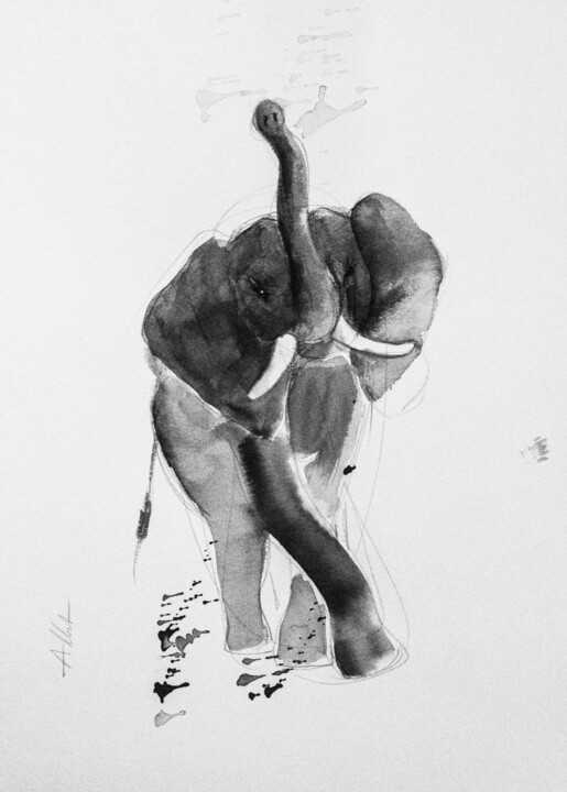 Drawing titled "Eléphant 010" by Philippe Alliet, Original Artwork, Ink Mounted on Cardboard