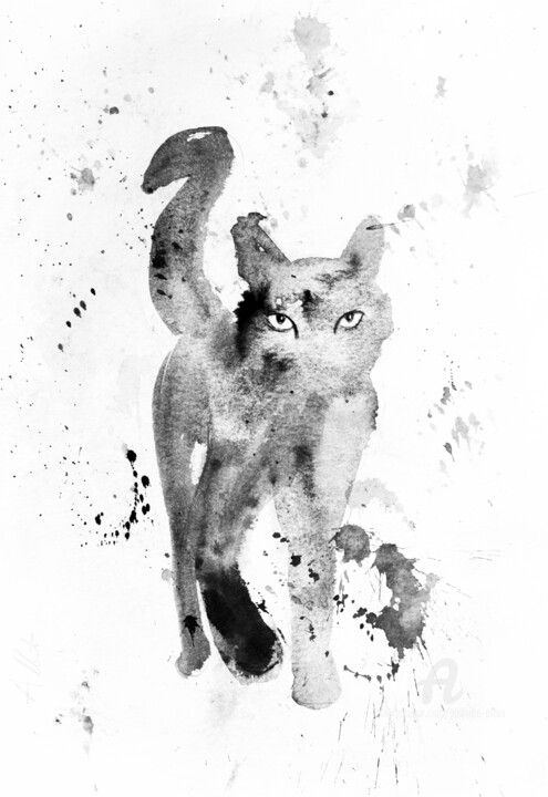 Drawing titled "Chat dynamique 097" by Philippe Alliet, Original Artwork, Ink Mounted on Cardboard