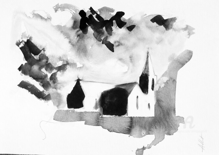 Drawing titled "Eglise de Maupertuis" by Philippe Alliet, Original Artwork, Ink Mounted on Cardboard