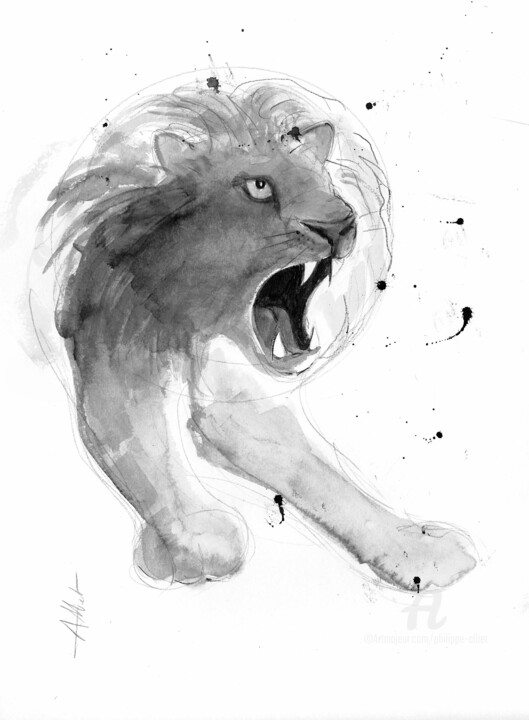 Drawing titled "Lion 001" by Philippe Alliet, Original Artwork, Ink Mounted on Cardboard