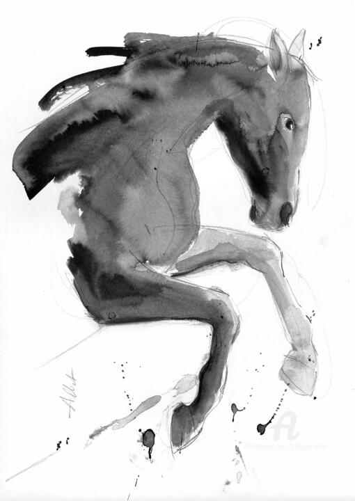 Drawing titled "Cheval rétif 043" by Philippe Alliet, Original Artwork, Ink Mounted on Cardboard