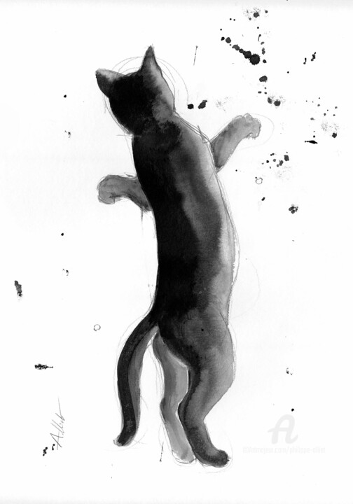 Drawing titled "Chat dynamique 0105" by Philippe Alliet, Original Artwork, Ink Mounted on Cardboard