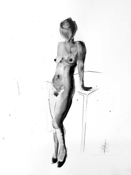 Drawing titled "Nu appuyé" by Philippe Alliet, Original Artwork, Ink Mounted on Cardboard