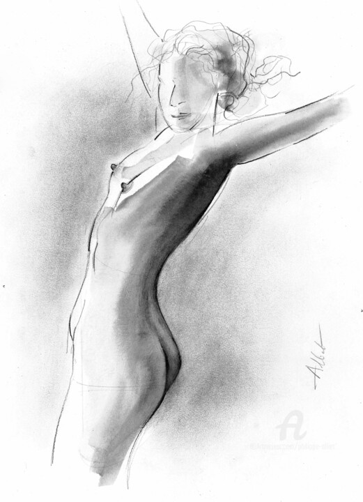 Рисунок под названием "Nus bras levés" - Philippe Alliet, Подлинное произведение искусства, Чернила Установлен на картон
