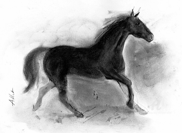 Tekening getiteld "Rebel horse -025" door Philippe Alliet, Origineel Kunstwerk, Houtskool Gemonteerd op Karton