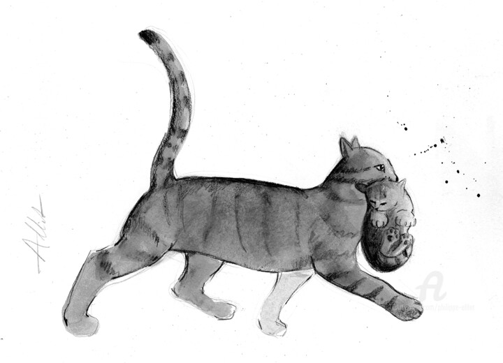 Dibujo titulada "Chatte transportant…" por Philippe Alliet, Obra de arte original, Tinta Montado en Cartulina