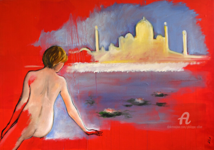 Painting titled "Monoir en Inde" by Philippe Alliet, Original Artwork, Oil Mounted on Wood Stretcher frame