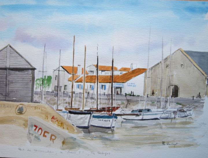 Painting titled "Port de Noirmoutier" by Philippe Ballyot, Original Artwork, Watercolor Mounted on Cardboard