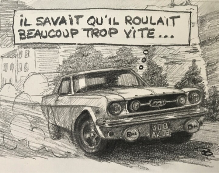 Tekening getiteld ""Mustang à fond"" door Philippe Barluet, Origineel Kunstwerk, Potlood