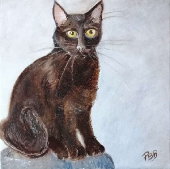 Painting titled "le chat noir" by Philippe Bayle (chatinspire), Original Artwork, Oil Mounted on Wood Stretcher frame