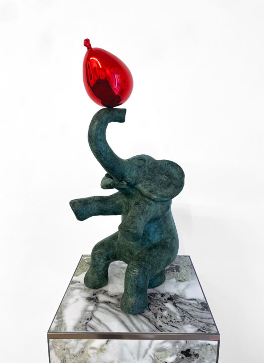 Sculptuur getiteld "L'éléphant & son ba…" door Philippe Berry, Origineel Kunstwerk, Bronzen