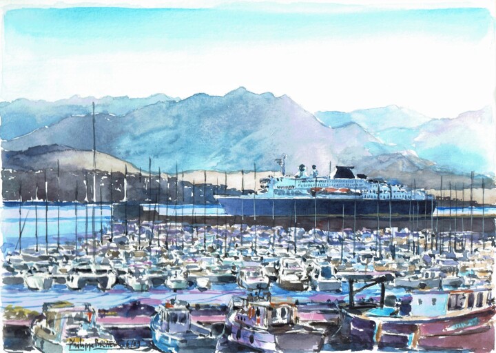 Painting titled "Ferry dans le port…" by Philippe Brobeck, Original Artwork, Watercolor