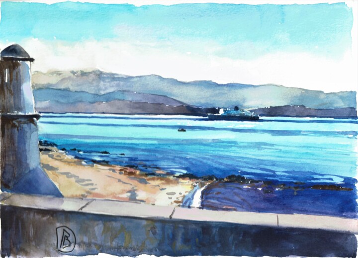 Painting titled ""Ferry à l'entrée d…" by Philippe Brobeck, Original Artwork, Watercolor