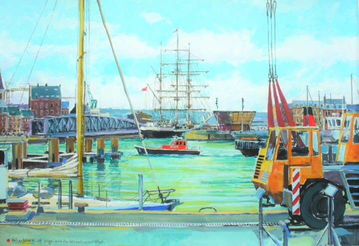 Painting titled "trois mâts au pont…" by Philippe Brobeck, Original Artwork, Gouache
