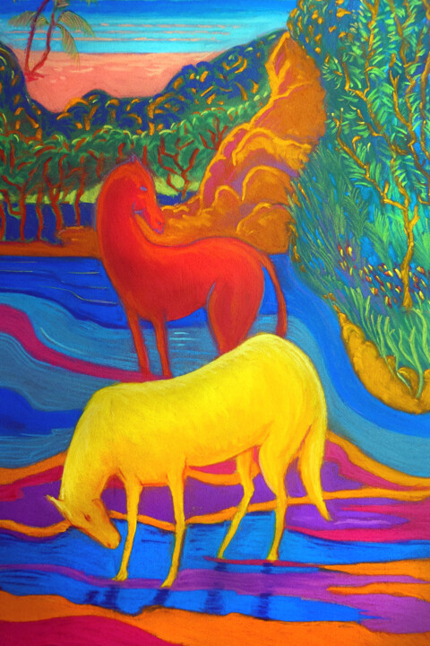 Painting titled "Chevaux Gauguin" by Philippe Cadet, Original Artwork, Pastel Mounted on Wood Panel