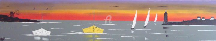 Painting titled "BARQUES au Couchant" by Caradec Philippe (CARA), Original Artwork, Oil