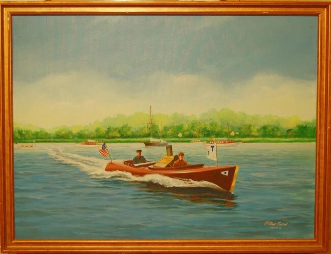 Peinture intitulée "Speedboat "Panhard…" par Philippe Conrad, Œuvre d'art originale, Acrylique Monté sur Panneau de bois