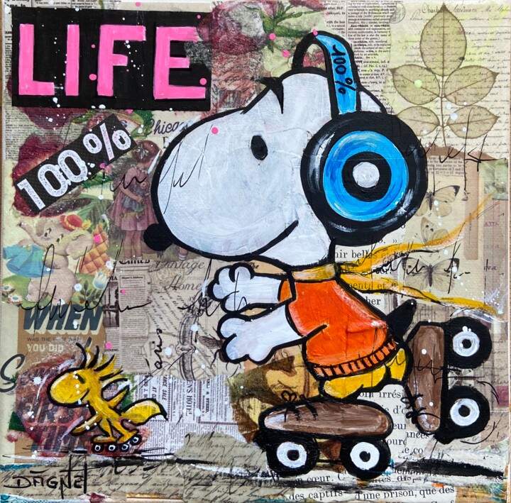 Painting titled "Snoopy life" by Fabienne Dagnet, Original Artwork, Acrylic Mounted on Wood Stretcher frame