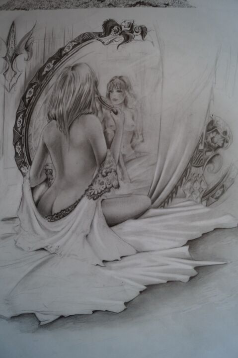 Drawing titled "devant le miroir" by Philippe Dran, Original Artwork, Pencil