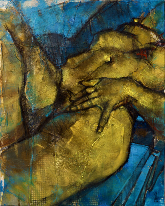 Peinture intitulée "Nu d'or bleu" par Philippe-Emmanuel Amirault, Œuvre d'art originale, Huile