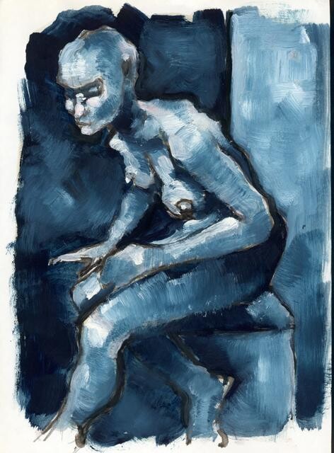 Pintura titulada "Nu assis bleu" por Philippe-Emmanuel Amirault, Obra de arte original