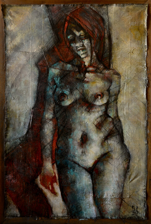Peinture intitulée "Nu à la main rouge" par Philippe-Emmanuel Amirault, Œuvre d'art originale, Huile