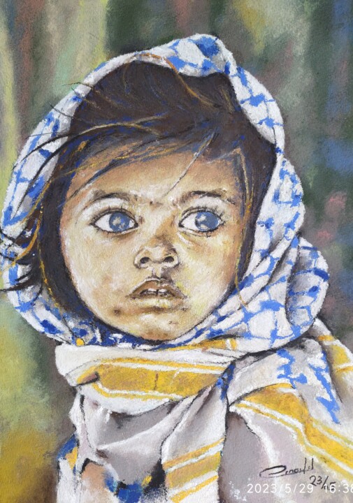 Painting titled "Enfant-sguardo guja…" by Philippe Ernauld, Original Artwork, Pastel Mounted on Wood Panel