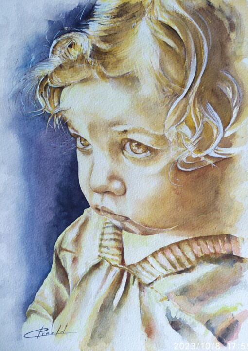 Painting titled "Visage enfant 02 la…" by Philippe Ernauld, Original Artwork, Watercolor