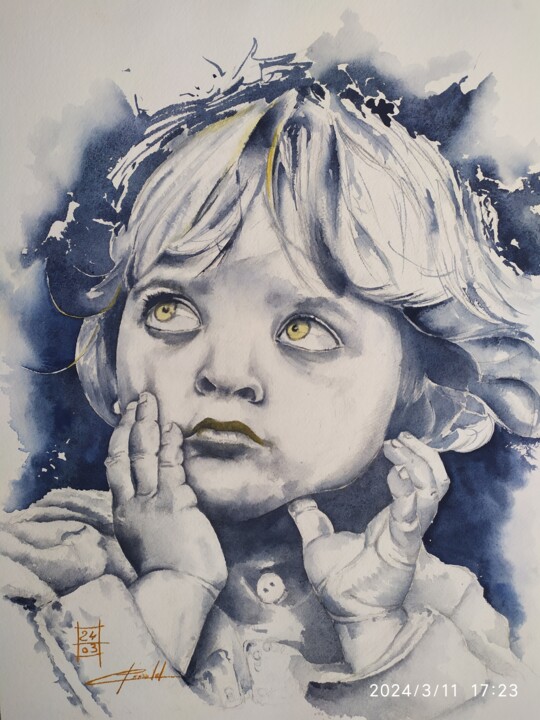 Painting titled "Visage enfant 04 la…" by Philippe Ernauld, Original Artwork, Watercolor