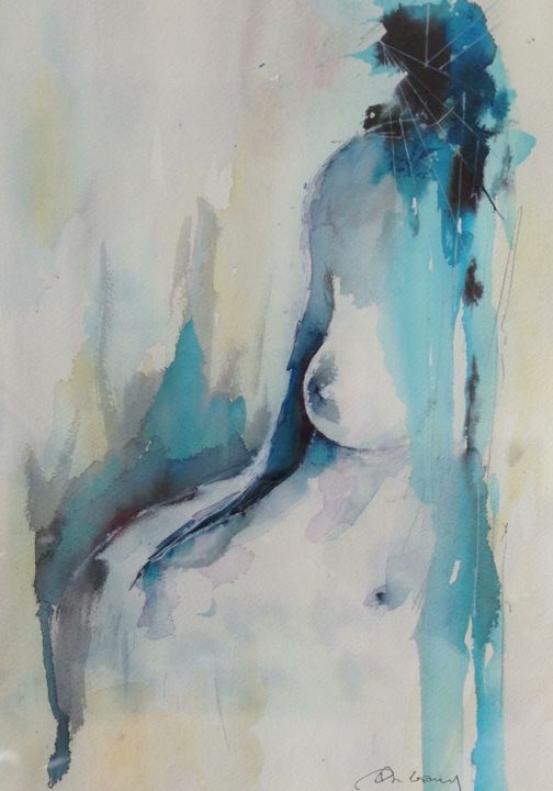 Painting titled "Blue Nude" by Gaury, Original Artwork, Watercolor