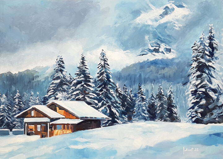 Peinture intitulée "Chalet à Plaine-Joux" par Philippe Jollivet, Œuvre d'art originale, Acrylique